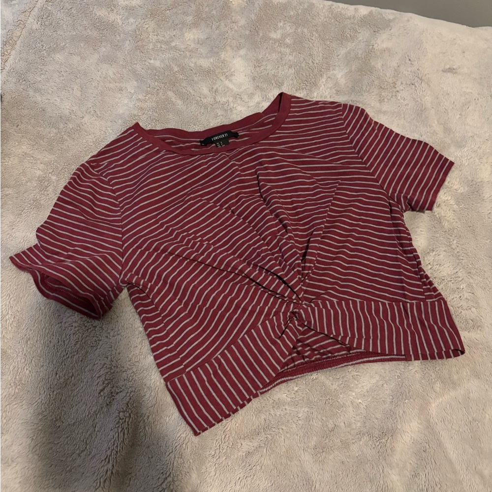 Forever 21 Red Striped Crop Tee with Tie Front